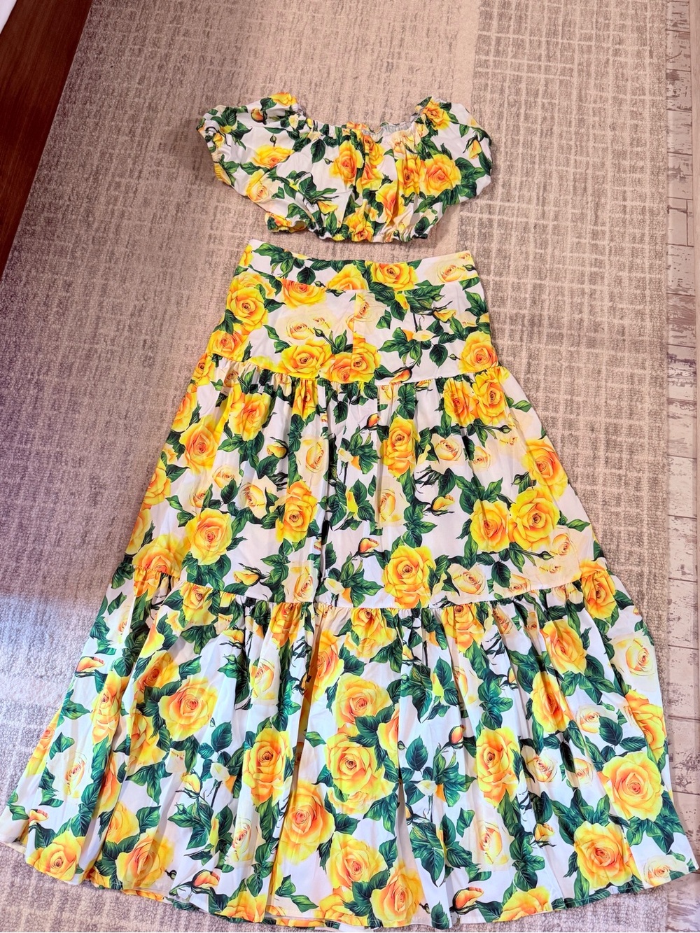 Yellow Rose Print Two-Piece vacation Top and Skirt set